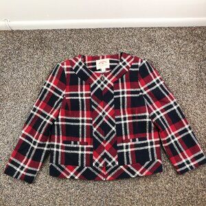 Brooks Brothers Jacket Red Fleece Tweed Wool Tartan Plaid Womens 6 Full Zip